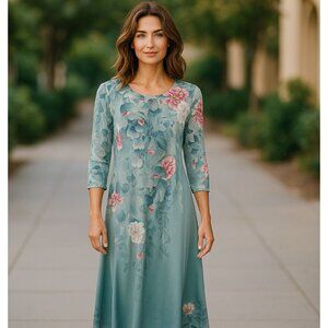 Aqua Elegant Floral Print Stretch Maxi Dress Size XXL 2X 20 Plus Wedding Party